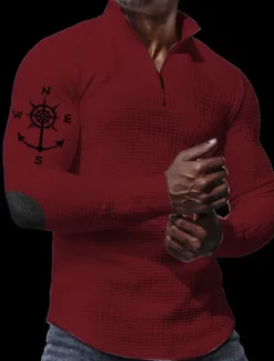 Best OUKU Men's Waffle Polo Shirts Zip Polo Golf Polos Shirts Long Sleeve Polo Shirts Zip Vintage Casual Daily 3D Print Fall & Winter Black White Wine