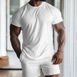 OUKU Men's Waffle Shirt 2 Piece T-shirt Suits Tee Short Sleeve Short Pant Crew Neck Spring & Summer Plain Fashion Designer Basic 2 Piece Vacation Street Going out Black White Gray Top Tee for Men