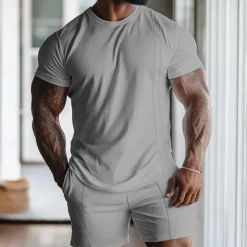 OUKU Men's Waffle Shirt 2 Piece T-shirt Suits Tee Short Sleeve Short Pant Crew Neck Spring & Summer Plain Fashion Designer Basic 2 Piece Vacation Street Going out Black White Gray Top Tee for Men