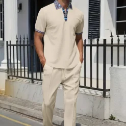 Outlet OUKU Men's Waffle Shirt Polo Tee Pants Sets Long Sleeve Quarter Zip Solid Color Knitwear Fashion Pocket Home Office / Career Street Black Ivory Blue Top Tee for Men
