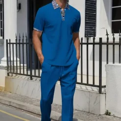 Outlet OUKU Men's Waffle Shirt Polo Tee Pants Sets Long Sleeve Quarter Zip Solid Color Knitwear Fashion Pocket Home Office / Career Street Black Ivory Blue Top Tee for Men