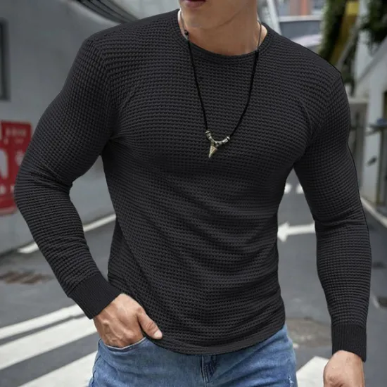 Hot OUKU Men's Waffle Shirt T Shirt Tee Top Long Sleeve Shirt Long Sleeve Crew Neck Spring & Fall Plain Fashion Designer Basic Vacation Street Going out Dark Grey Black White Top Tee for Men