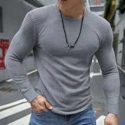 Hot OUKU Men's Waffle Shirt T Shirt Tee Top Long Sleeve Shirt Long Sleeve Crew Neck Spring & Fall Plain Fashion Designer Basic Vacation Street Going out Dark Grey Black White Top Tee for Men