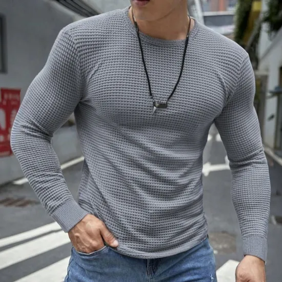 Hot OUKU Men's Waffle Shirt T Shirt Tee Top Long Sleeve Shirt Long Sleeve Crew Neck Spring & Fall Plain Fashion Designer Basic Vacation Street Going out Dark Grey Black White Top Tee for Men