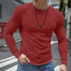 Hot OUKU Men's Waffle Shirt T Shirt Tee Top Long Sleeve Shirt Long Sleeve Crew Neck Spring & Fall Plain Fashion Designer Basic Vacation Street Going out Dark Grey Black White Top Tee for Men