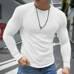 Hot OUKU Men's Waffle Shirt T Shirt Tee Top Long Sleeve Shirt Long Sleeve Crew Neck Spring & Fall Plain Fashion Designer Basic Vacation Street Going out Dark Grey Black White Top Tee for Men