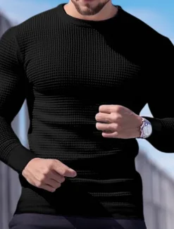 Online OUKU Men's Waffle Shirt T Shirt Tee Top Long Sleeve Shirt Long Sleeve Crew Neck Spring & Fall Plain Fashion Designer Basic Vacation Street Going out Black White Wine Top Tee for Men
