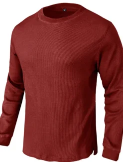 Online OUKU Men's Waffle Shirt T Shirt Tee Top Long Sleeve Shirt Long Sleeve Crew Neck Spring & Fall Plain Fashion Designer Basic Vacation Street Going out Black White Wine Top Tee for Men