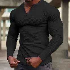 Best OUKU Men's Waffle Shirt T Shirt Tee Top Long Sleeve Shirt Long Sleeve V Neck Spring & Fall Plain Fashion Designer Basic Vacation Street Going out Black White Orange Top Tee for Men