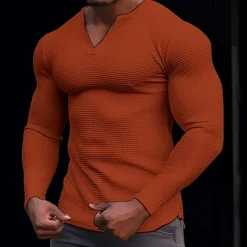 Best OUKU Men's Waffle Shirt T Shirt Tee Top Long Sleeve Shirt Long Sleeve V Neck Spring & Fall Plain Fashion Designer Basic Vacation Street Going out Black White Orange Top Tee for Men