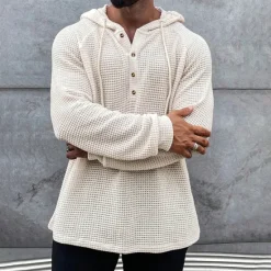 Best OUKU Men's Waffle Shirt T Shirt Henley Shirt Tee Top Long Sleeve Hooded Spring & Fall Plain Fashion Designer Basic Knitted Vacation Street Going out Green khaki Beige Top Tee for Men