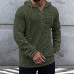 Best OUKU Men's Waffle Shirt T Shirt Henley Shirt Tee Top Long Sleeve Hooded Spring & Fall Plain Fashion Designer Basic Knitted Vacation Street Going out Green khaki Beige Top Tee for Men