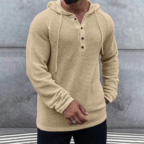Best OUKU Men's Waffle Shirt T Shirt Henley Shirt Tee Top Long Sleeve Hooded Spring & Fall Plain Fashion Designer Basic Knitted Vacation Street Going out Green khaki Beige Top Tee for Men