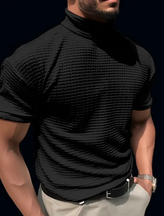 Online OUKU Men's Waffle Shirt T Shirt Tee Top Short Sleeves Turtleneck Summer Plain Fashion Designer Basic Vacation Street Going out Black White Brown Top Tee for Men