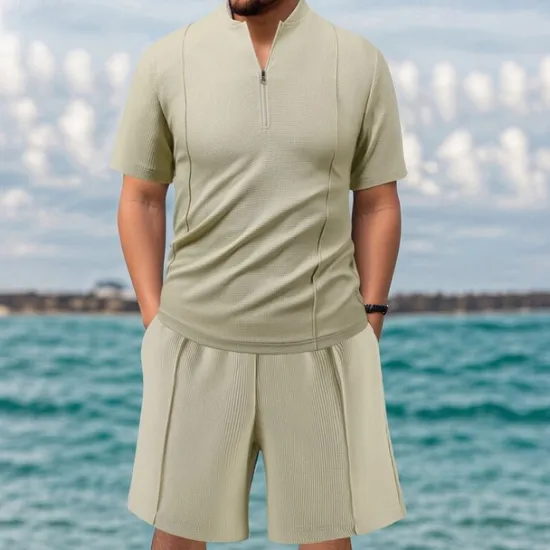 Sale OUKU Men's Waffle Shirt T-shirt Suits 2 Pieces Outfits Tee & Shorts Short Sleeve Quarter Zip Summer Plain Fashion Casual 2 Piece Vacation Daily Wear Going out Black khaki Gray Top Tee for Men