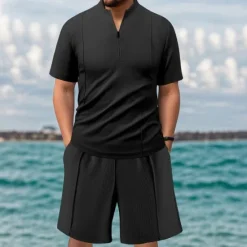 Sale OUKU Men's Waffle Shirt T-shirt Suits 2 Pieces Outfits Tee & Shorts Short Sleeve Quarter Zip Summer Plain Fashion Casual 2 Piece Vacation Daily Wear Going out Black khaki Gray Top Tee for Men