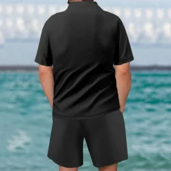Sale OUKU Men's Waffle Shirt T-shirt Suits 2 Pieces Outfits Tee & Shorts Short Sleeve Quarter Zip Summer Plain Fashion Casual 2 Piece Vacation Daily Wear Going out Black khaki Gray Top Tee for Men