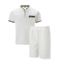 New OUKU Men's Waffle Shirt T-shirt Suits 2 Pieces Outfits Tee & Shorts Short Sleeve Standing Collar Summer Color Block Fashion Casual 2 Piece Front Pocket Vacation Daily Wear Going out Black White Royal Blue
