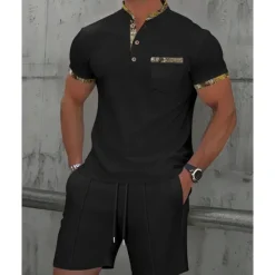 New OUKU Men's Waffle Shirt T-shirt Suits 2 Pieces Outfits Tee & Shorts Short Sleeve Standing Collar Summer Color Block Fashion Casual 2 Piece Front Pocket Vacation Daily Wear Going out Black White Royal Blue