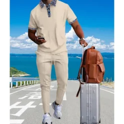 Discount OUKU Men's Waffle Shirt T-shirt Suits Shirt and Pant Sets 2 Pieces Outfits Short Sleeve Lapel Summer Color Block Fashion Casual Patchwork 2 Piece Vacation Daily Wear Going out Black White Royal Blue Top