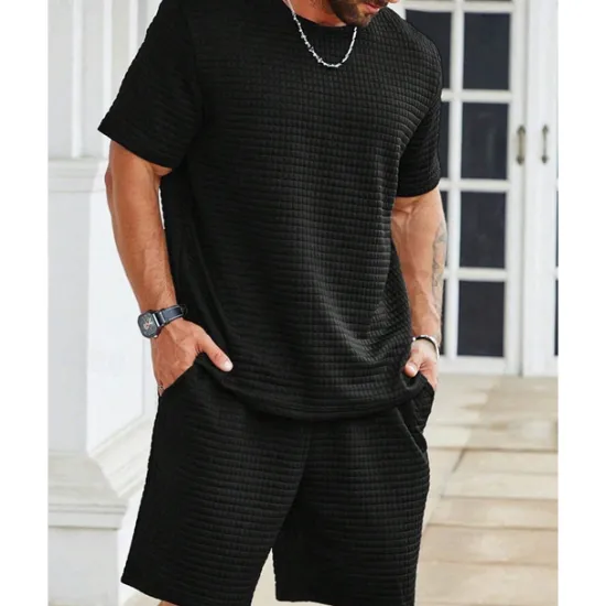 Discount OUKU Men's Waffle Shirt T-shirt Suits 2 Pieces Outfits Tee & Shorts Short Sleeve Crew Neck Summer Plain Fashion Casual 2 Piece Vacation Daily Wear Going out Black White khaki Top Tee for Men