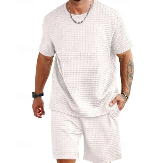 Discount OUKU Men's Waffle Shirt T-shirt Suits 2 Pieces Outfits Tee & Shorts Short Sleeve Crew Neck Summer Plain Fashion Casual 2 Piece Vacation Daily Wear Going out Black White khaki Top Tee for Men