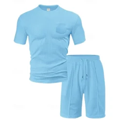 Clearance OUKU Men's Waffle Shirt T-shirt Suits 2 Pieces Outfits Tee & Shorts Short Sleeve Crew Neck Summer Plain Fashion Casual Pocket 2 Piece Vacation Daily Wear Going out Black White Wine Top Tee for Men