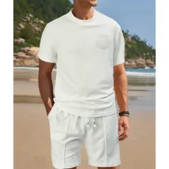 Clearance OUKU Men's Waffle Shirt T-shirt Suits 2 Pieces Outfits Tee & Shorts Short Sleeve Crew Neck Summer Plain Fashion Casual Pocket 2 Piece Vacation Daily Wear Going out Black White Wine Top Tee for Men
