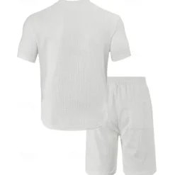 Clearance OUKU Men's Waffle Shirt T-shirt Suits 2 Pieces Outfits Tee & Shorts Short Sleeve Crew Neck Summer Plain Fashion Casual Pocket 2 Piece Vacation Daily Wear Going out Black White Wine Top Tee for Men