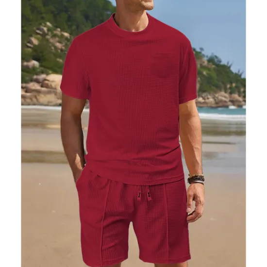 Clearance OUKU Men's Waffle Shirt T-shirt Suits 2 Pieces Outfits Tee & Shorts Short Sleeve Crew Neck Summer Plain Fashion Casual Pocket 2 Piece Vacation Daily Wear Going out Black White Wine Top Tee for Men
