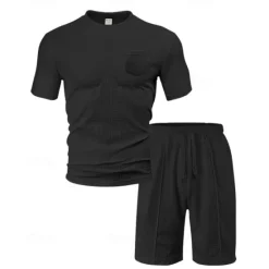 Clearance OUKU Men's Waffle Shirt T-shirt Suits 2 Pieces Outfits Tee & Shorts Short Sleeve Crew Neck Summer Plain Fashion Casual Pocket 2 Piece Vacation Daily Wear Going out Black White Wine Top Tee for Men