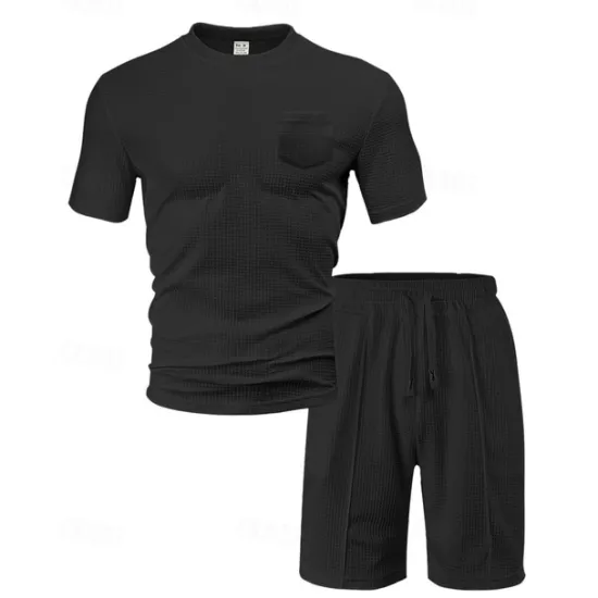 Clearance OUKU Men's Waffle Shirt T-shirt Suits 2 Pieces Outfits Tee & Shorts Short Sleeve Crew Neck Summer Plain Fashion Casual Pocket 2 Piece Vacation Daily Wear Going out Black White Wine Top Tee for Men