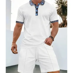 Online OUKU Men's Waffle Shirt T-shirt Suits 2 Pieces Outfits Tee & Shorts Short Sleeve Lapel Summer Plain Fashion Casual Patchwork 2 Piece Vacation Daily Wear Going out Black White Royal Blue Top Tee for Men