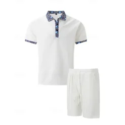 Online OUKU Men's Waffle Shirt T-shirt Suits 2 Pieces Outfits Tee & Shorts Short Sleeve Lapel Summer Plain Fashion Casual Patchwork 2 Piece Vacation Daily Wear Going out Black White Royal Blue Top Tee for Men