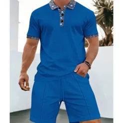 Online OUKU Men's Waffle Shirt T-shirt Suits 2 Pieces Outfits Tee & Shorts Short Sleeve Lapel Summer Plain Fashion Casual Patchwork 2 Piece Vacation Daily Wear Going out Black White Royal Blue Top Tee for Men