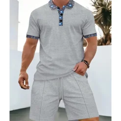 Online OUKU Men's Waffle Shirt T-shirt Suits 2 Pieces Outfits Tee & Shorts Short Sleeve Lapel Summer Plain Fashion Casual Patchwork 2 Piece Vacation Daily Wear Going out Black White Royal Blue Top Tee for Men