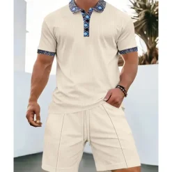 Online OUKU Men's Waffle Shirt T-shirt Suits 2 Pieces Outfits Tee & Shorts Short Sleeve Lapel Summer Plain Fashion Casual Patchwork 2 Piece Vacation Daily Wear Going out Black White Royal Blue Top Tee for Men