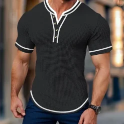 New OUKU Men's Waffle Shirt V Neck Tee Short Sleeve Shirt Tee Top Solid Color Henley Outdoor Street Short Sleeve Patchwork Button Clothing Apparel Daily
