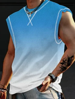 Sale OUKU Men's Waffle Shirt Waffle Tank Top Tank Top Vest Top Sleeveless Crew Neck Summer Gradient Fashion Designer Muscle Outdoor Going out Gym Pink Blue Orange Top Tee for Men