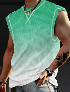Sale OUKU Men's Waffle Shirt Waffle Tank Top Tank Top Vest Top Sleeveless Crew Neck Summer Gradient Fashion Designer Muscle Outdoor Going out Gym Pink Blue Orange Top Tee for Men