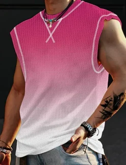 Sale OUKU Men's Waffle Shirt Waffle Tank Top Tank Top Vest Top Sleeveless Crew Neck Summer Gradient Fashion Designer Muscle Outdoor Going out Gym Pink Blue Orange Top Tee for Men