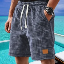 New OUKU Men's Waffle Shorts Shorts Summer Shorts Casual Shorts Pocket Drawstring Elastic Waist Plain Comfort Breathable Short Outdoor Vacation Sport Casual Black White Micro-elastic