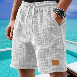 New OUKU Men's Waffle Shorts Shorts Summer Shorts Casual Shorts Pocket Drawstring Elastic Waist Plain Comfort Breathable Short Outdoor Vacation Sport Casual Black White Micro-elastic