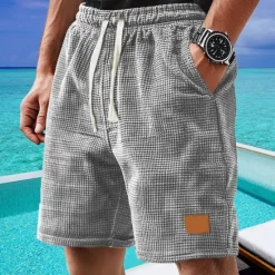 New OUKU Men's Waffle Shorts Shorts Summer Shorts Casual Shorts Pocket Drawstring Elastic Waist Plain Comfort Breathable Short Outdoor Vacation Sport Casual Black White Micro-elastic