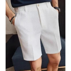 Hot OUKU Men's Waffle Shorts Summer Shorts Work Shorts Casual Shorts Buttons Pocket Plain Comfort Knee Length Formal Party Work Fashion Classic Style Black White Micro-elastic