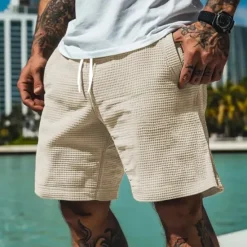 Hot OUKU Men's Waffle Shorts Summer Shorts Casual Shorts Pocket Elastic Waist Drawstring Plain Comfort Breathable Short Vacation Holiday Casual Army Green Apricot