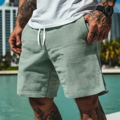 Hot OUKU Men's Waffle Shorts Summer Shorts Casual Shorts Pocket Elastic Waist Drawstring Plain Comfort Breathable Short Vacation Holiday Casual Army Green Apricot