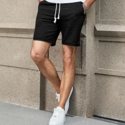 OUKU Men's Waffle Shorts Sweat Shorts Shorts Summer Shorts Beach Shorts Pocket Drawstring Elastic Waist Plain Comfort Breathable Short Outdoor Sports Classic Casual Black White