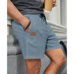 Online OUKU Men's Waffle Shorts Sweat Shorts Shorts Bermuda shorts Drawstring Elastic Waist Plain Comfort Breathable Short Outdoor Daily Running Sports Fashion Black White Micro-elastic