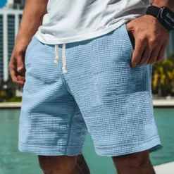 Online OUKU Men's Waffle Shorts Sweat Shorts Shorts Bermuda shorts Beach Shorts Elastic Waist Drawstring Plain Comfort Sports Knee Length Outdoor Daily Vacation Classic Style White Blue Micro-elastic